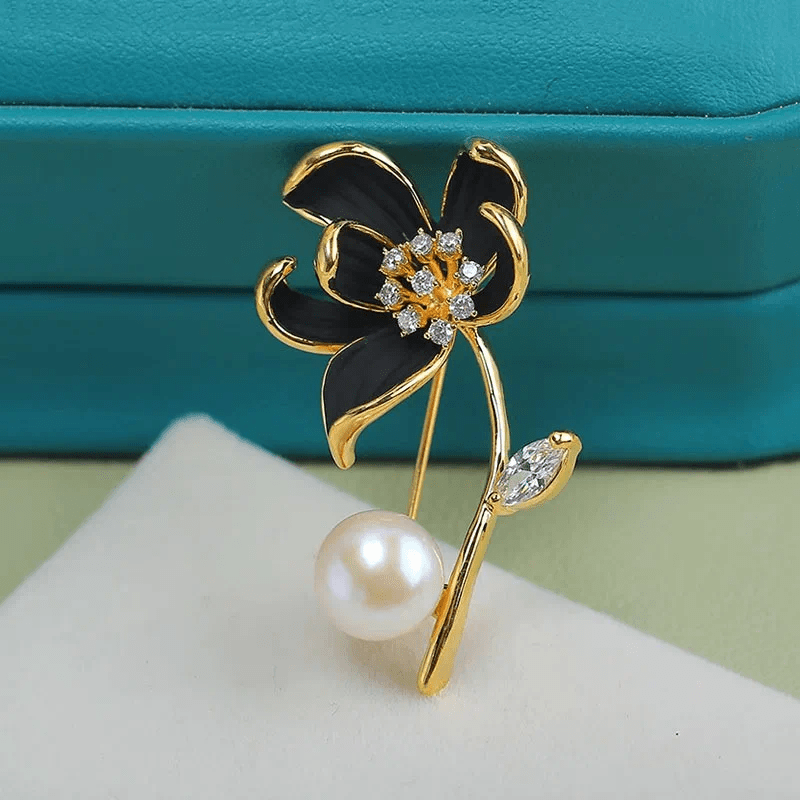 Women's Classic Lotus Flower Faux Pearl Brooch - Black - image 3