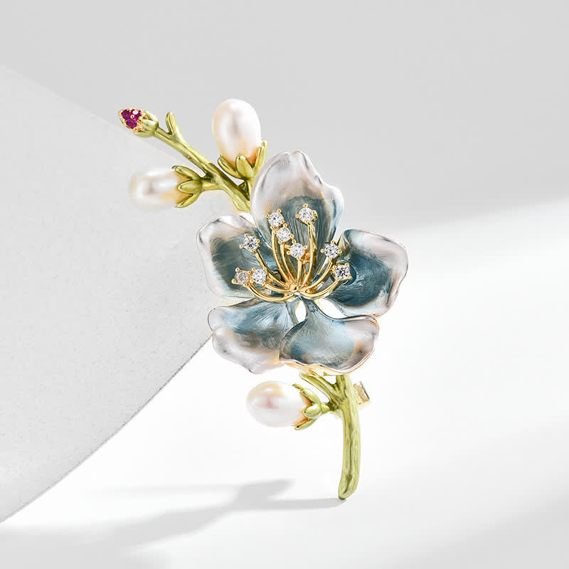 Women's Blue Enamel Magnolia Flower Faux Pearl Brooch - image 4