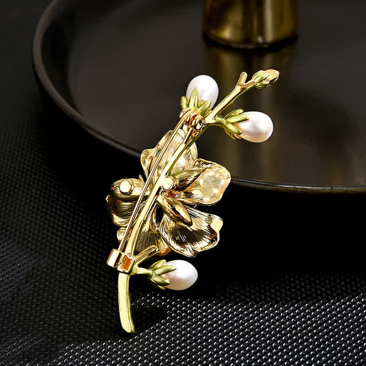 Women's Blue Enamel Magnolia Flower Faux Pearl Brooch - image 3