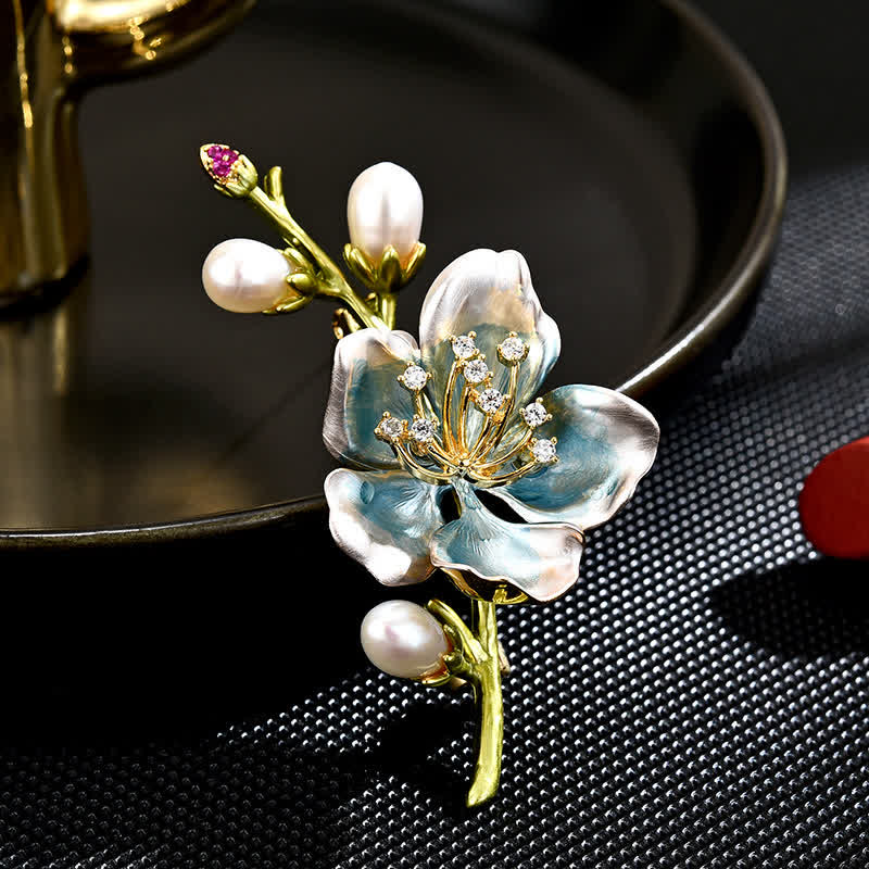 Women's Blue Enamel Magnolia Flower Faux Pearl Brooch - Blue - image 0