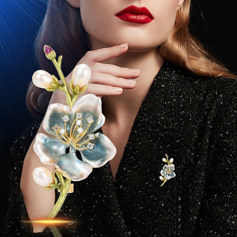 Women's Blue Enamel Magnolia Flower Faux Pearl Brooch - image 1