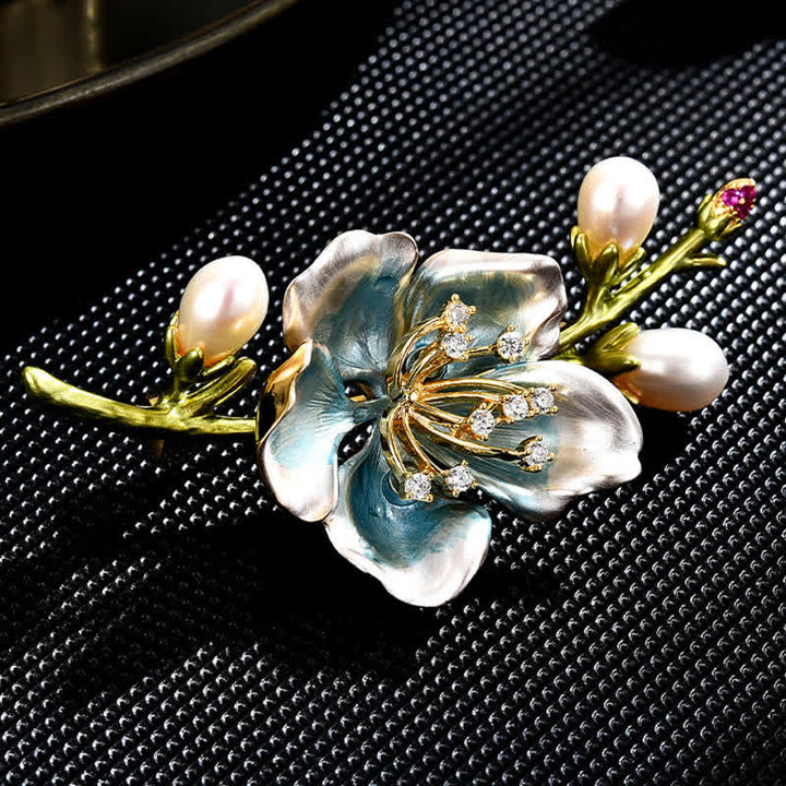 Women's Blue Enamel Magnolia Flower Faux Pearl Brooch - image 2