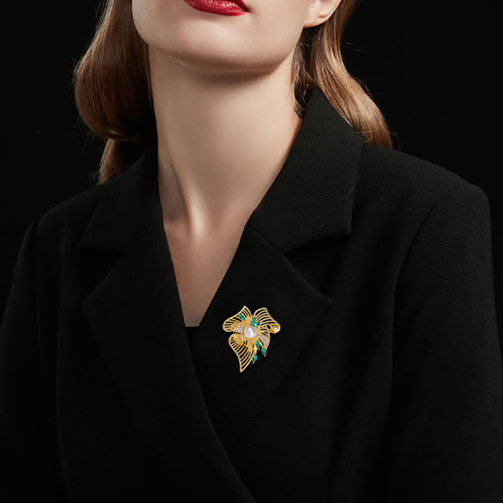 Women's Gold Hollow Leaf Pearl Rhinestone Brooch - image 1