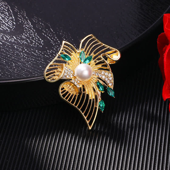 Women's Gold Hollow Leaf Pearl Rhinestone Brooch - Gold - image 0