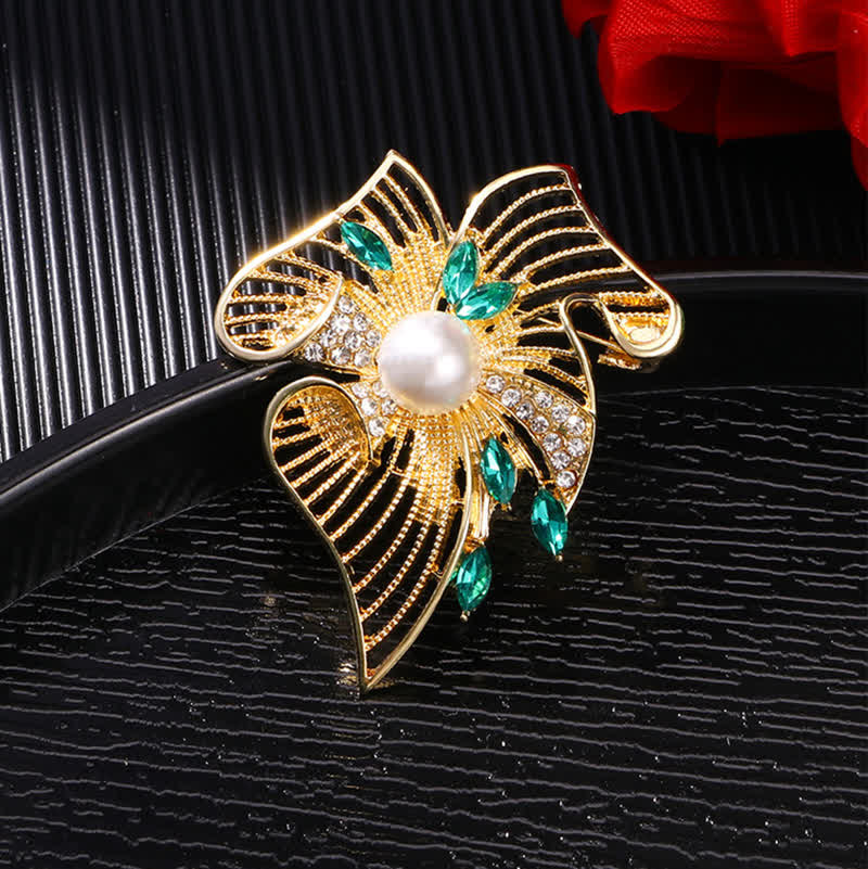 Women's Gold Hollow Leaf Pearl Rhinestone Brooch - image 4