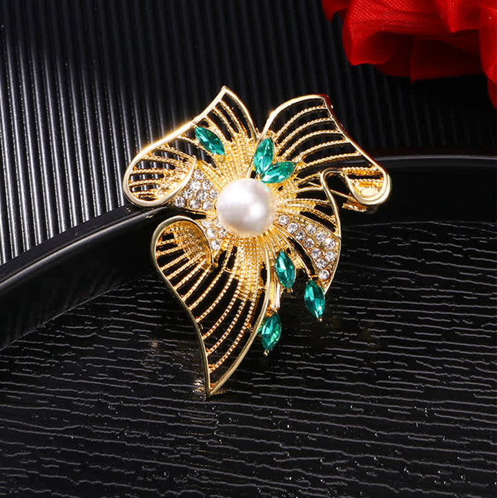 Women's Gold Hollow Leaf Pearl Rhinestone Brooch - image 4