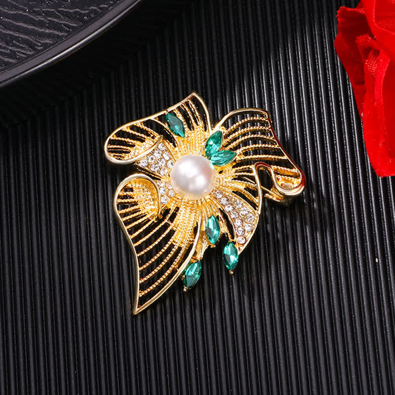 Women's Gold Hollow Leaf Pearl Rhinestone Brooch - image 2