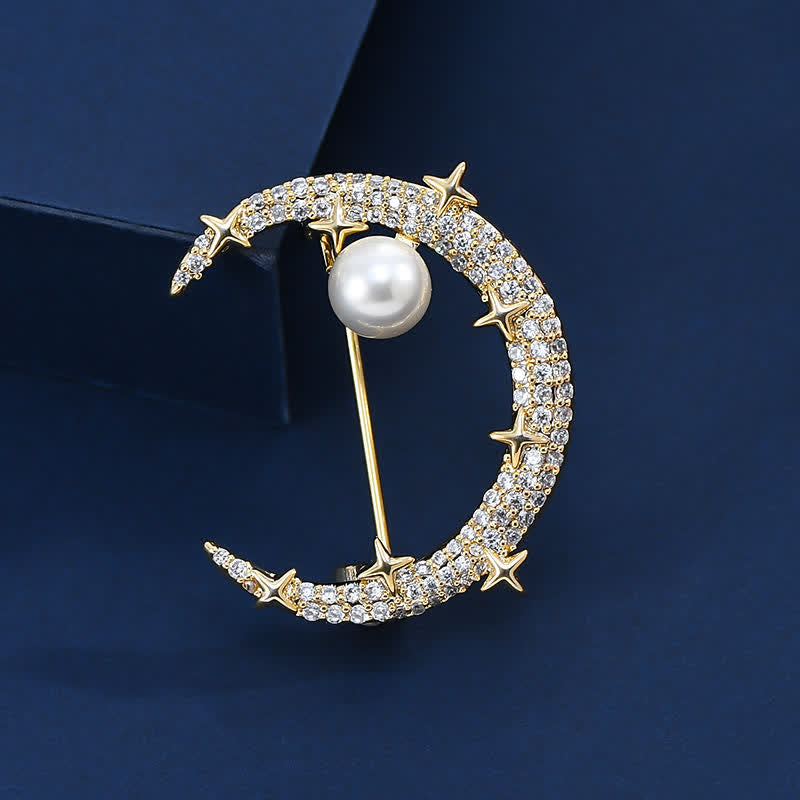 Women's Fashion Moon & Star Rhinestone Brooch - Gold - image 0