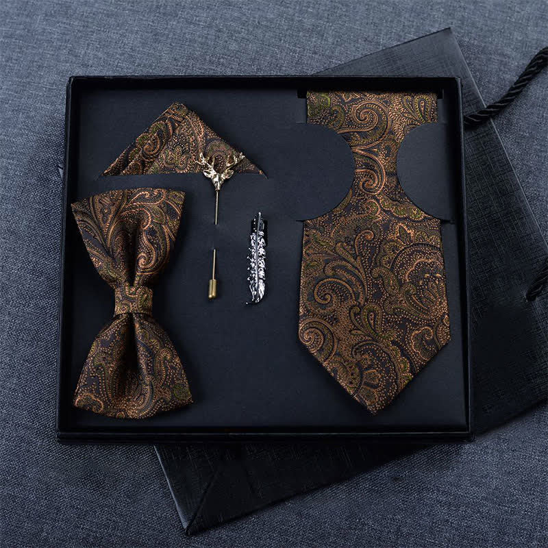 5Pcs Men's Dark Brown & Black Paisley Bow Ties Gift Box - Self Tie - image 2