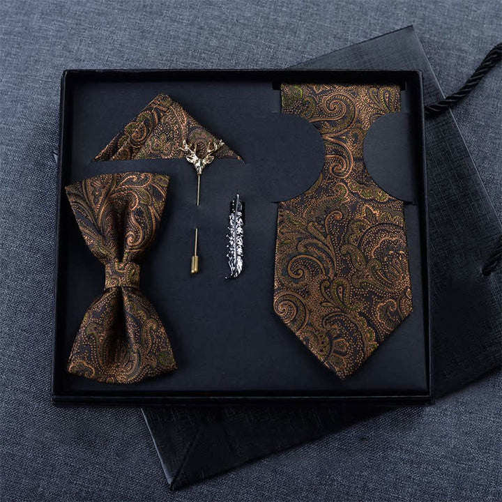 5Pcs Men's Dark Brown & Black Paisley Bow Ties Gift Box - Self Tie - image 2