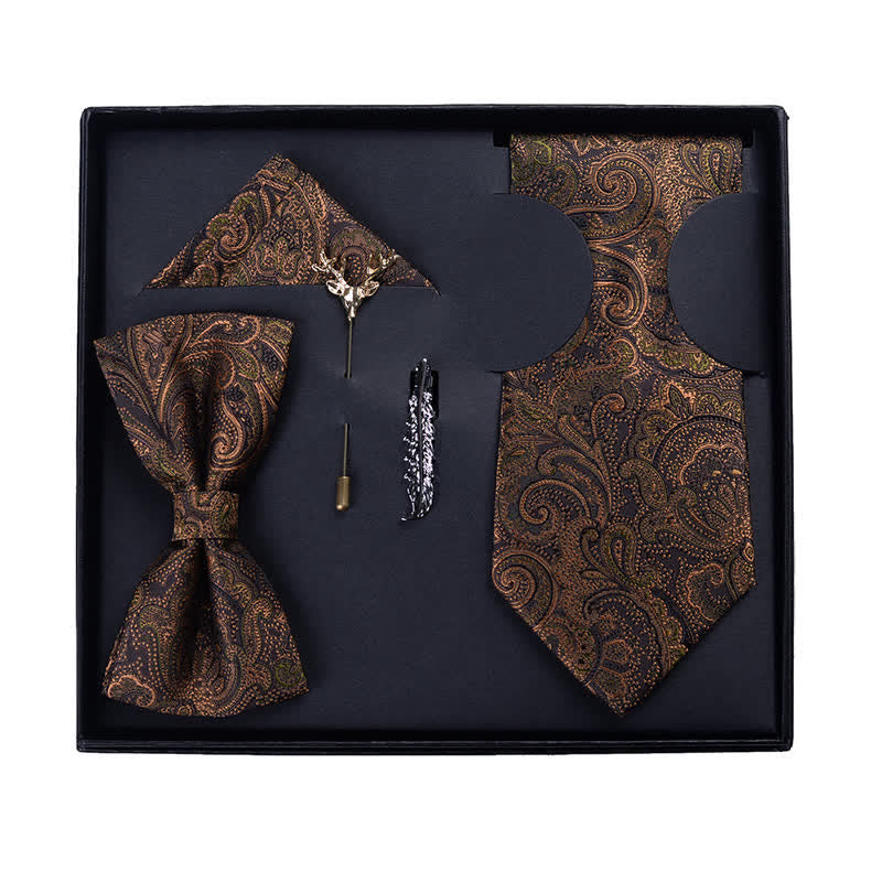 5Pcs Men's Dark Brown & Black Paisley Bow Ties Gift Box - image 0