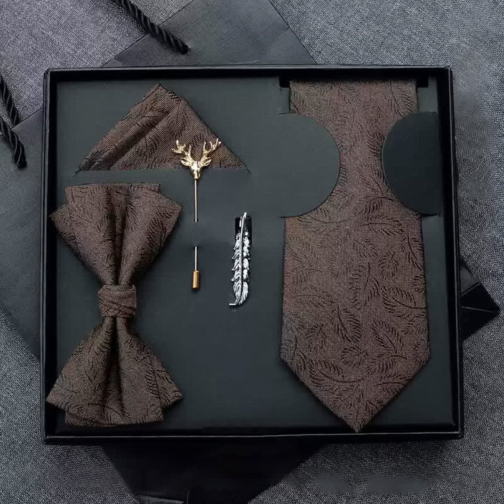 5Pcs Men's Casual Dark Brown Leaves Print Bow Ties Gift Box - Pre-Tied - Dark Brown - image 0