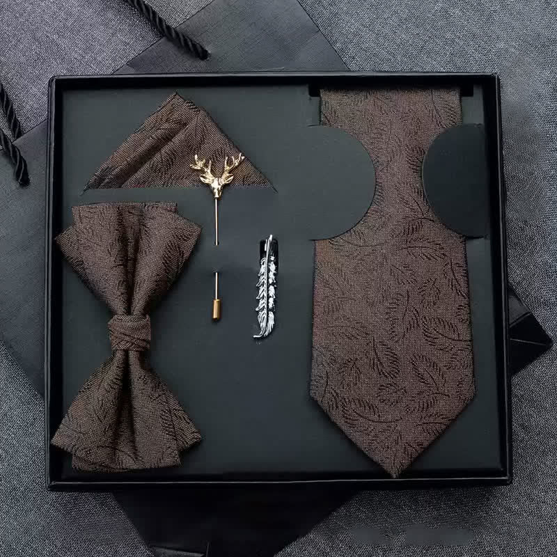 5Pcs Men's Casual Dark Brown Leaves Print Bow Ties Gift Box - Pre-Tied - Dark Brown - image 0