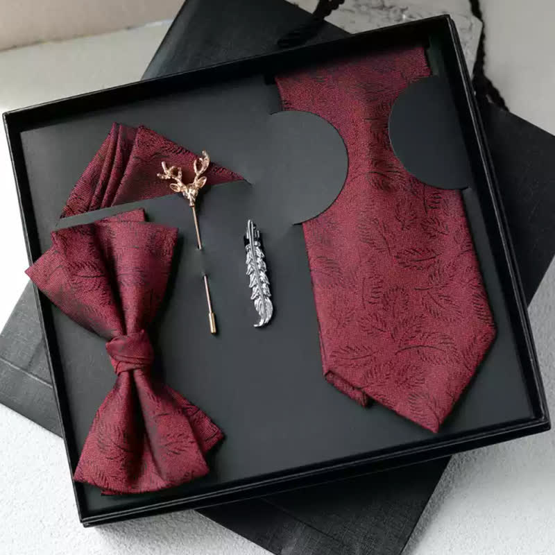 5Pcs Men's Casual Dark Brown Leaves Print Bow Ties Gift Box - Self Tie - Dark Red - image 5