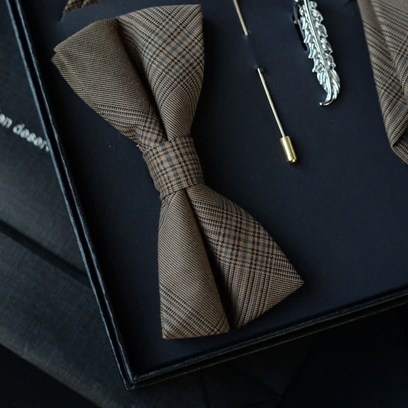 5Pcs Men's Vintage Coffee Brown Plaid Bow Ties Gift Box - image 2