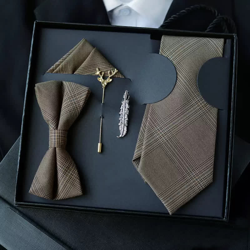 5Pcs Men's Vintage Coffee Brown Plaid Bow Ties Gift Box - Coffee Brown - image 0