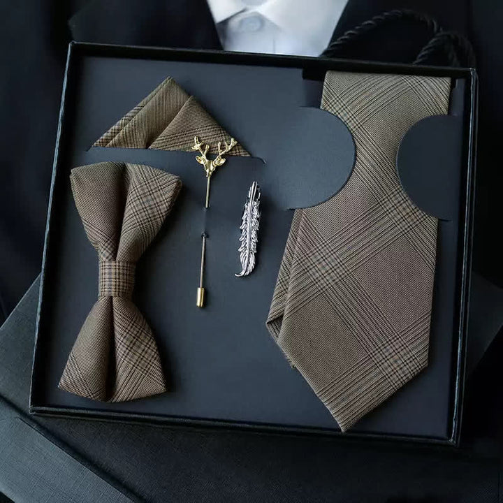 5Pcs Men's Vintage Coffee Brown Plaid Bow Ties Gift Box - Coffee Brown - image 0