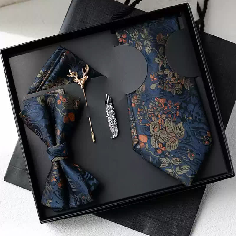 5Pcs Men's Navy & Orange Summer Flower Bow Ties Gift Box - Navy & Orange - image 0