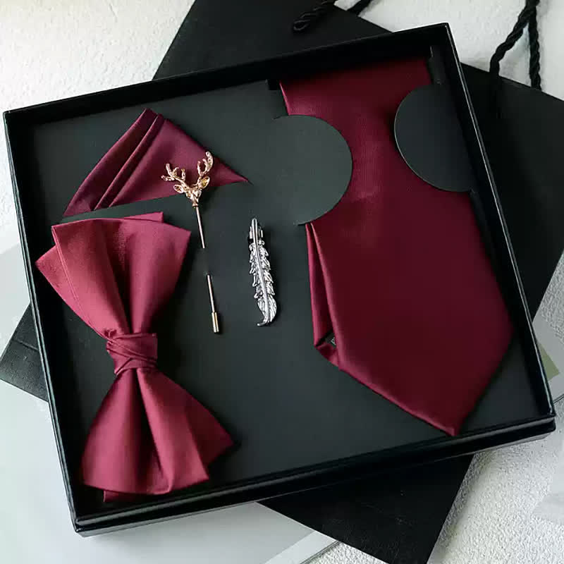 5Pcs Men's Solid Color Black Burgundy Bow Ties Gift Box - Burgundy - image 1