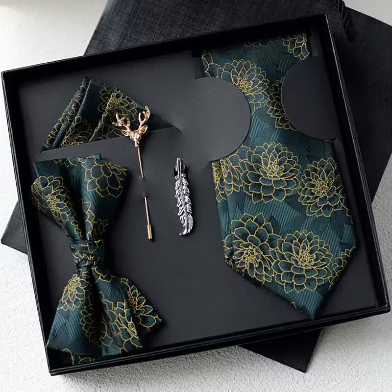 5Pcs Men's Dark Green Daisy Floral Bow Ties Gift Box - Dark Green - image 0