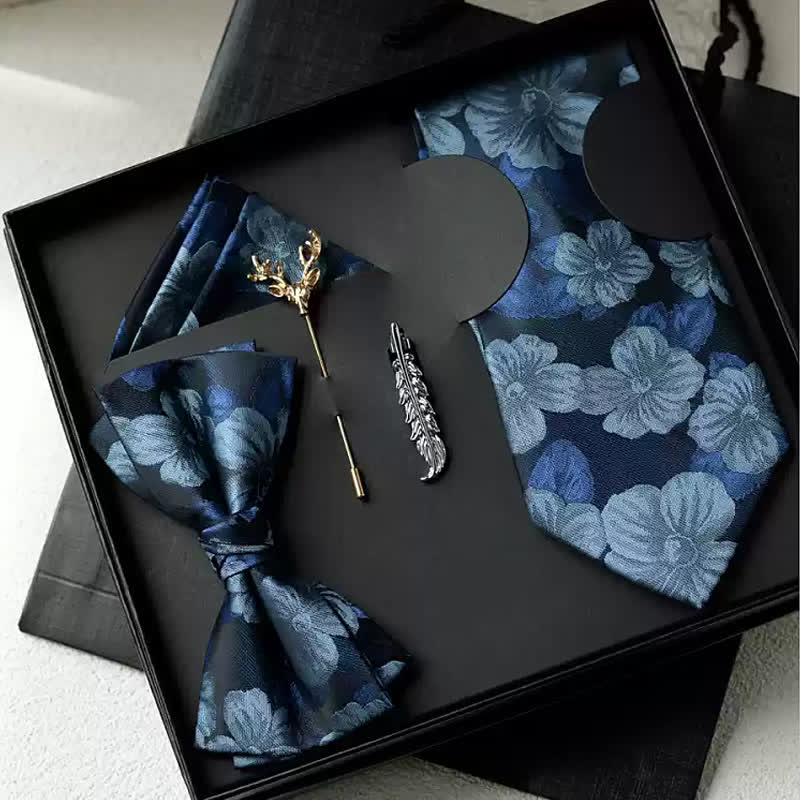 5Pcs Men's Vintage Floral Classic Wedding Bow Ties Gift Box - Blue - image 1