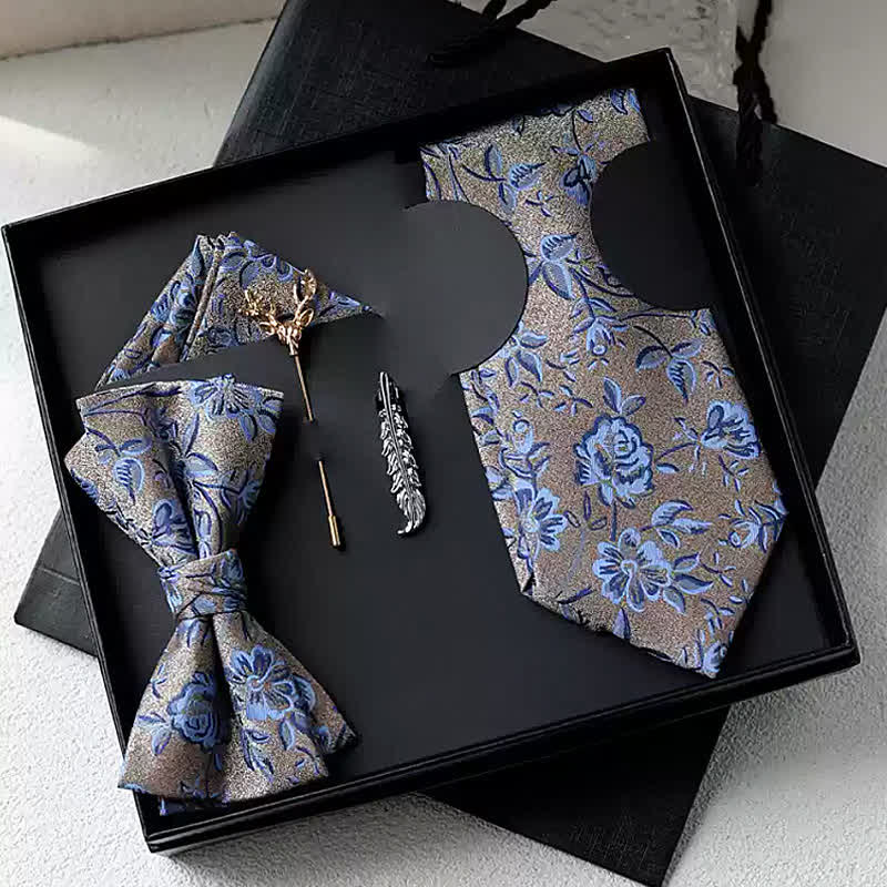 5Pcs Men's Tan & Blue Rose Floral Bow Ties Gift Box - Tan & Blue - image 0