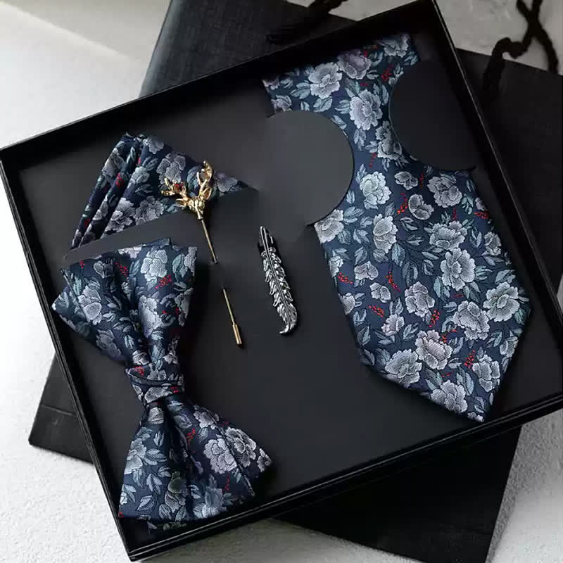 5Pcs Men's Navy & Gray Rose Floral Bow Ties Gift Box - Navy & Gray - image 0