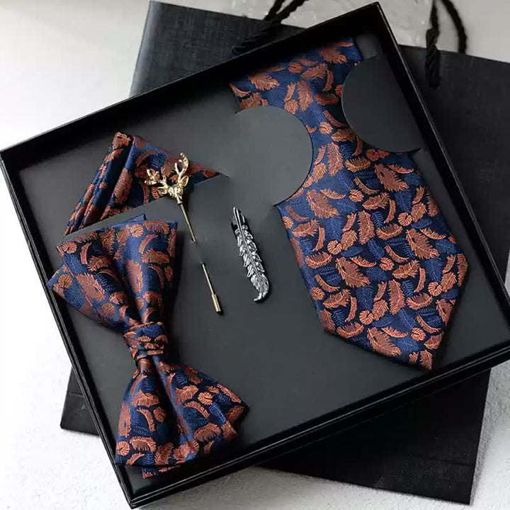 5Pcs Men's White / Orange Feather Print Navy Bow Ties Gift Box - Orange & Navy - image 0