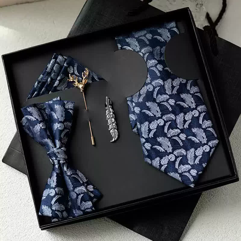 5Pcs Men's White / Orange Feather Print Navy Bow Ties Gift Box - White & Navy - image 1