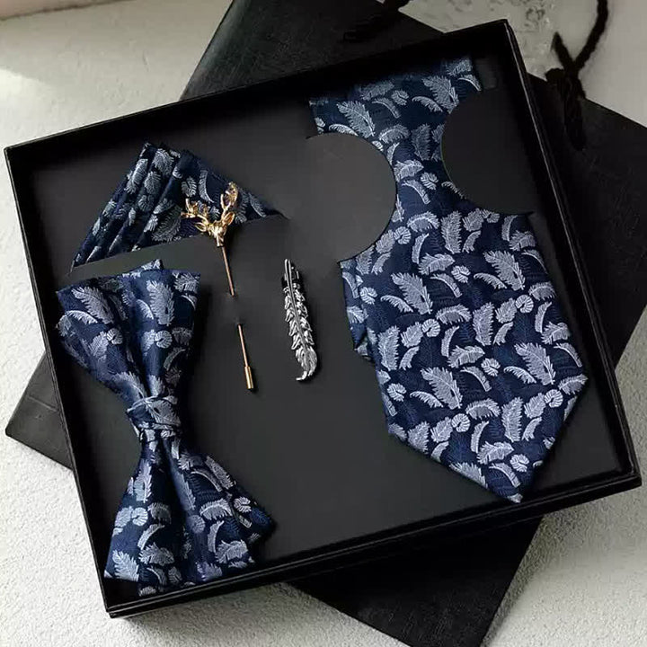 5Pcs Men's White / Orange Feather Print Navy Bow Ties Gift Box - White & Navy - image 1