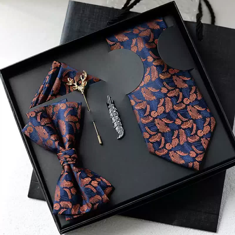 5Pcs Men's White / Orange Feather Print Navy Bow Ties Gift Box - Orange & Navy - image 0