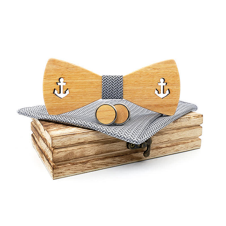 3Pcs Men's Hollow Boat Anchor Wooden Bow Tie Set - Silver Gray - image 8