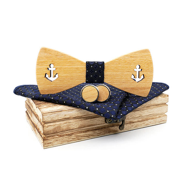3Pcs Men's Hollow Boat Anchor Wooden Bow Tie Set - Navy - image 11