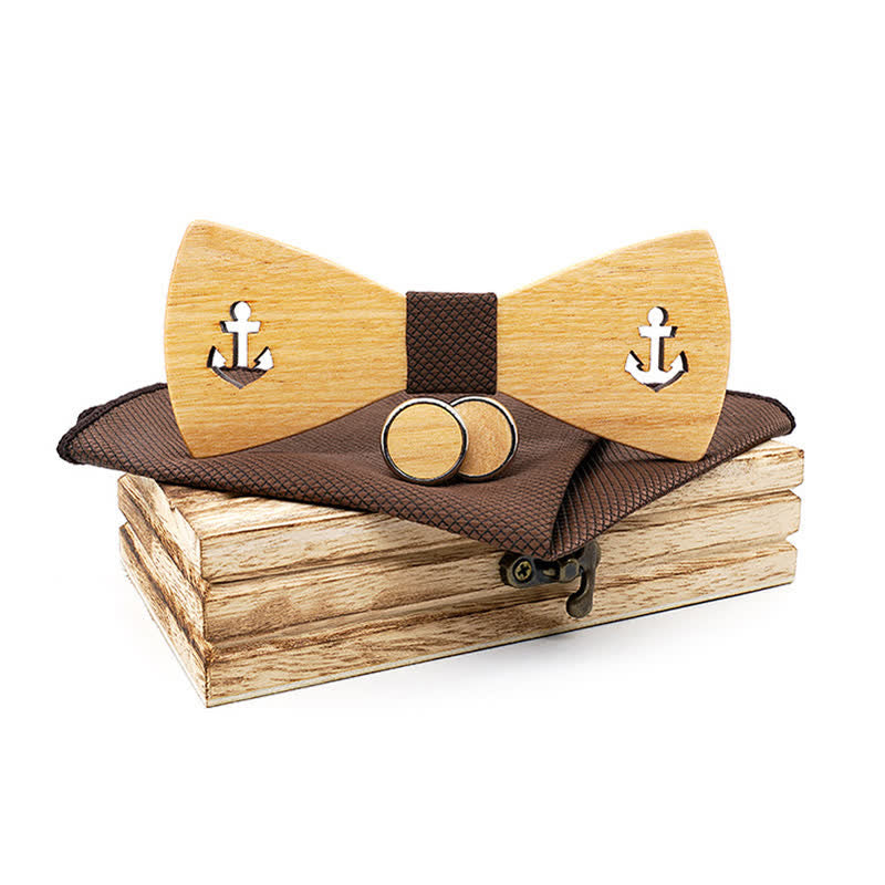 3Pcs Men's Hollow Boat Anchor Wooden Bow Tie Set - Brown - image 0