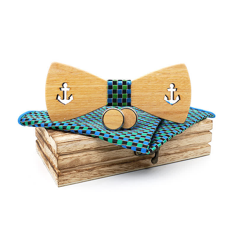 3Pcs Men's Hollow Boat Anchor Wooden Bow Tie Set - Blue & Green - image 7
