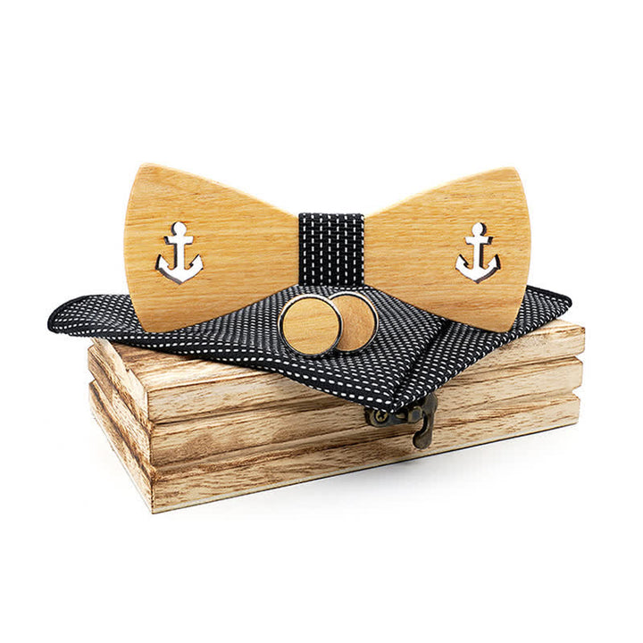 3Pcs Men's Hollow Boat Anchor Wooden Bow Tie Set - Black - image 9