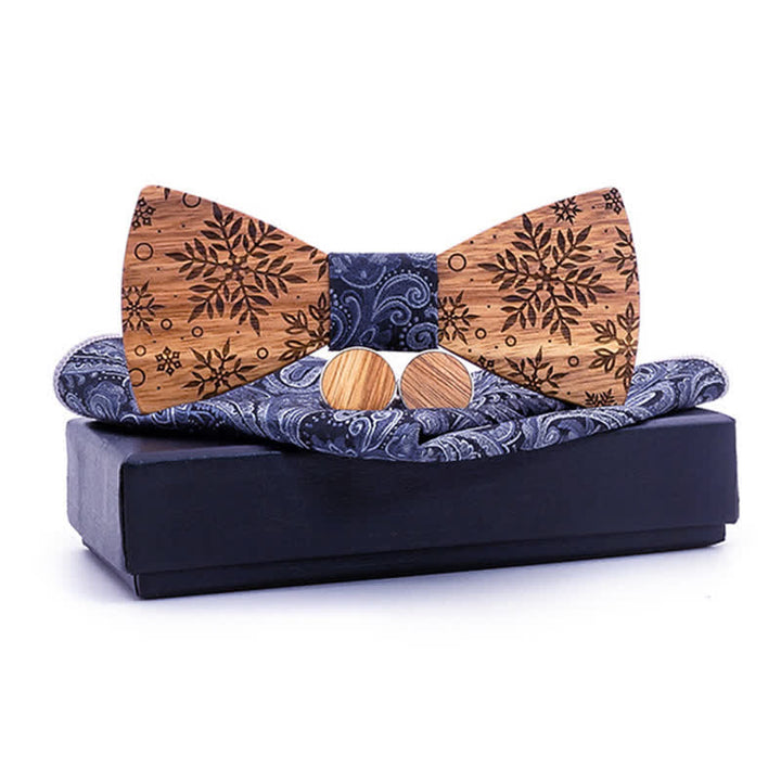 3Pcs Men's Winter Snowflakes Print Wooden Bow Tie Set - Navy - image 0