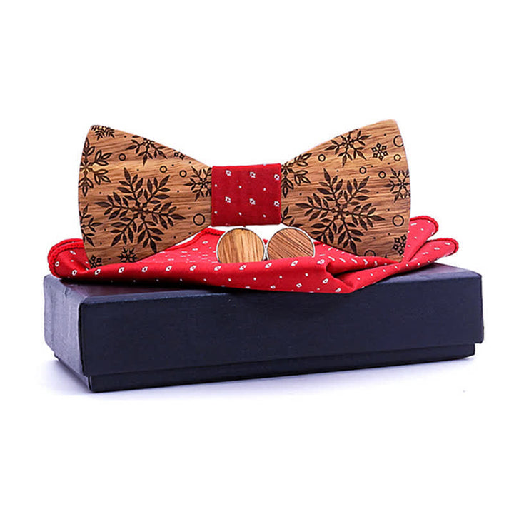 3Pcs Men's Winter Snowflakes Print Wooden Bow Tie Set - Red - image 7