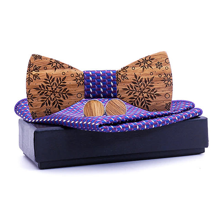 3Pcs Men's Winter Snowflakes Print Wooden Bow Tie Set - Purple - image 6