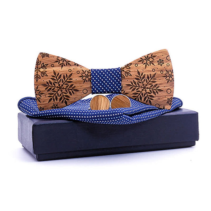 3Pcs Men's Winter Snowflakes Print Wooden Bow Tie Set - Blue - image 8