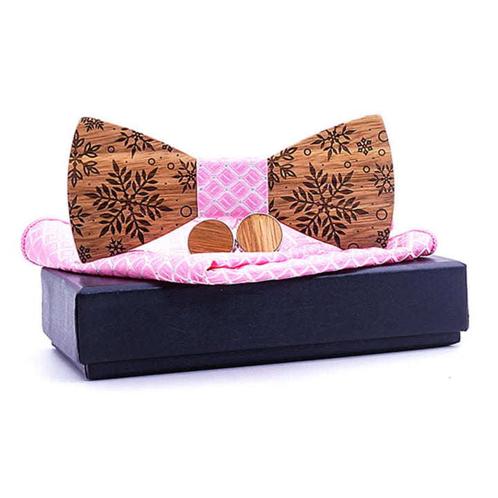 3Pcs Men's Winter Snowflakes Print Wooden Bow Tie Set - Pink - image 10