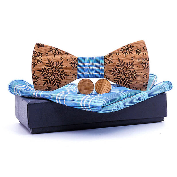 3Pcs Men's Winter Snowflakes Print Wooden Bow Tie Set - Sky Blue - image 9