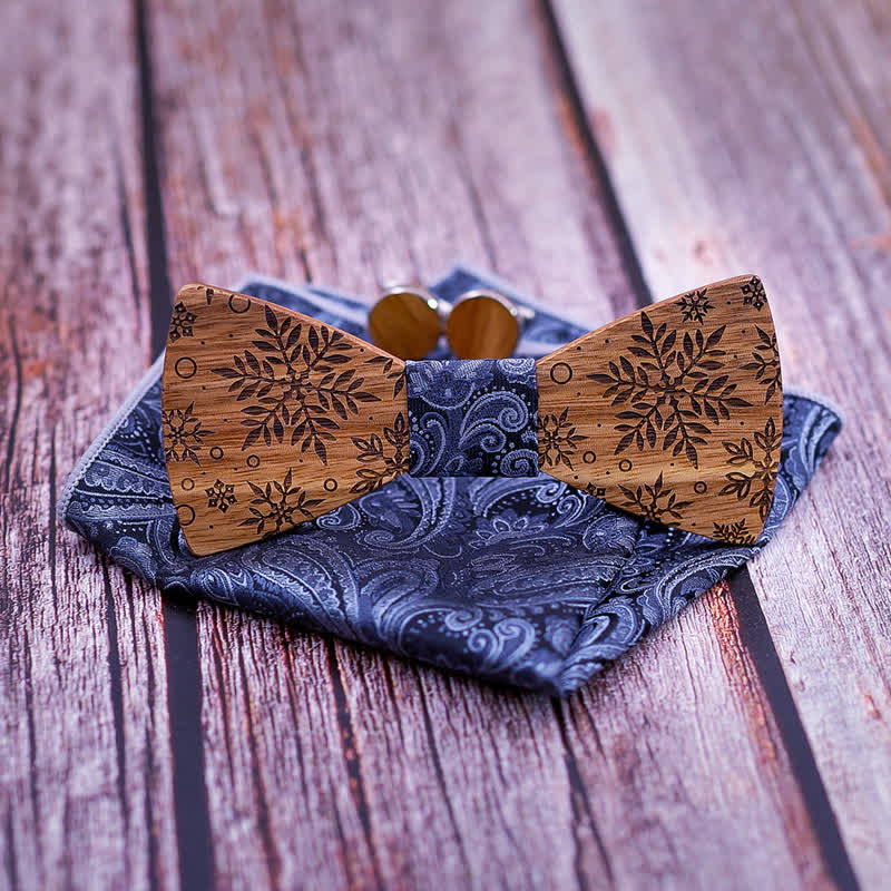 3Pcs Men's Winter Snowflakes Print Wooden Bow Tie Set - image 1