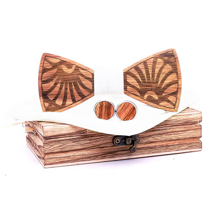3Pcs Men's Dandelion Carved Solid Wooden Bow Tie Set - White - image 11