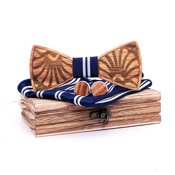 3Pcs Men's Dandelion Carved Solid Wooden Bow Tie Set - Midnight Blue - image 8