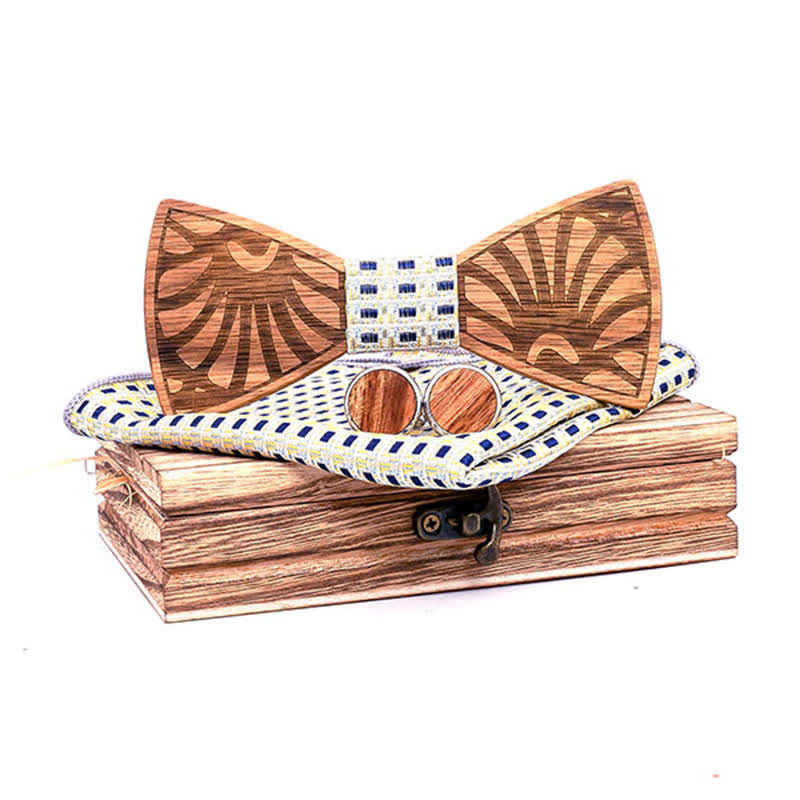 3Pcs Men's Dandelion Carved Solid Wooden Bow Tie Set - Yellow - image 10