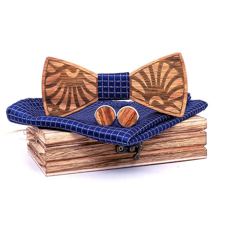 3Pcs Men's Dandelion Carved Solid Wooden Bow Tie Set - Navy - image 7