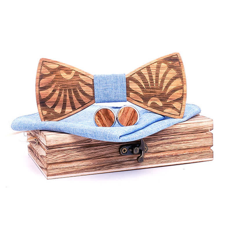 3Pcs Men's Dandelion Carved Solid Wooden Bow Tie Set - Blue - image 0