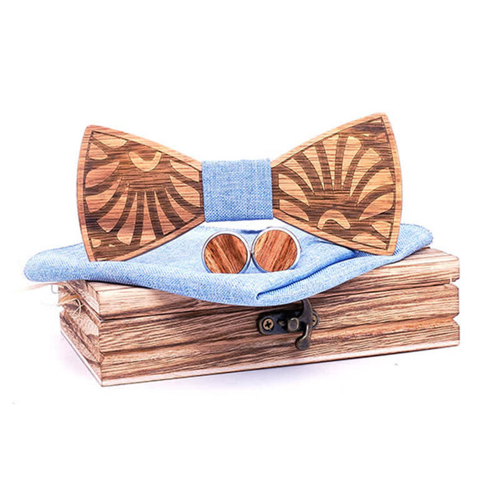 3Pcs Men's Dandelion Carved Solid Wooden Bow Tie Set - Blue - image 0