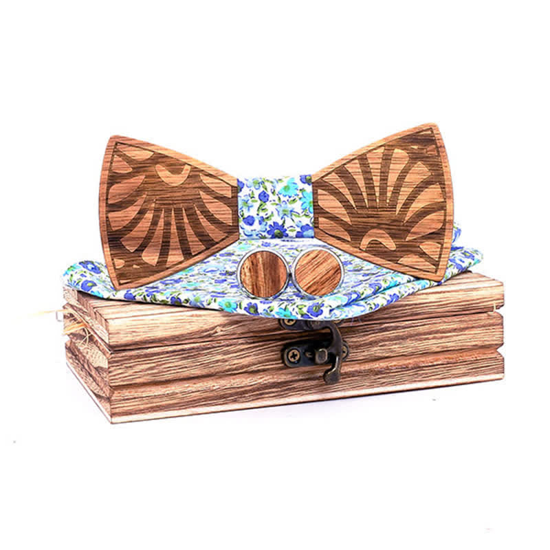 3Pcs Men's Dandelion Carved Solid Wooden Bow Tie Set - Blue & White - image 9